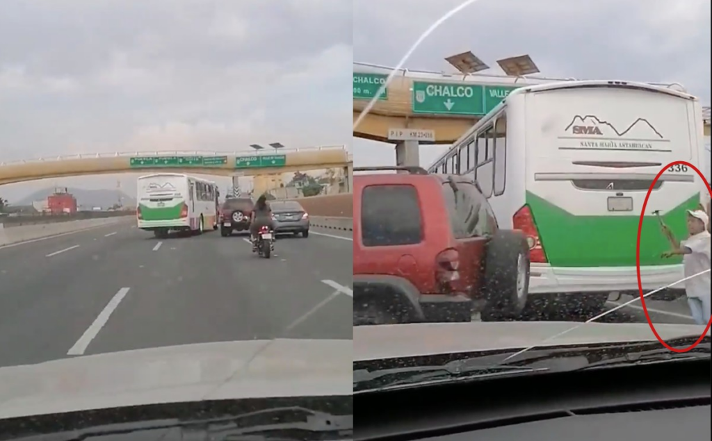 En el municipio del Valle de Chalco, Estado de México, microbuseros le cierran el paso a un automovilista para atacarlo