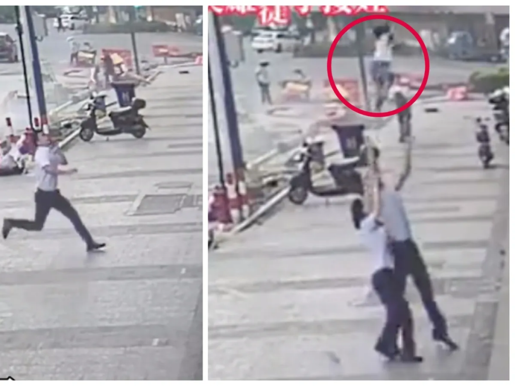 En China, sujeto atrapa a una menor en el aíre justo antes de que cayera de un cuarto piso