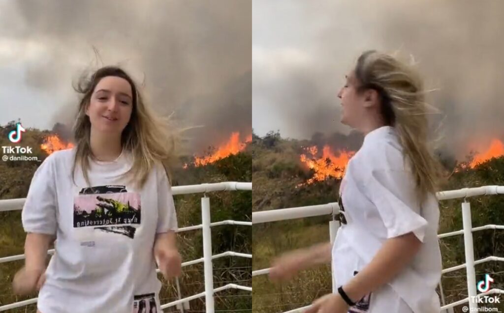 En Portugal una joven se pone a bailar mientras ocurría un fuerte incendio forestal y se gana las críticas en las redes sociales